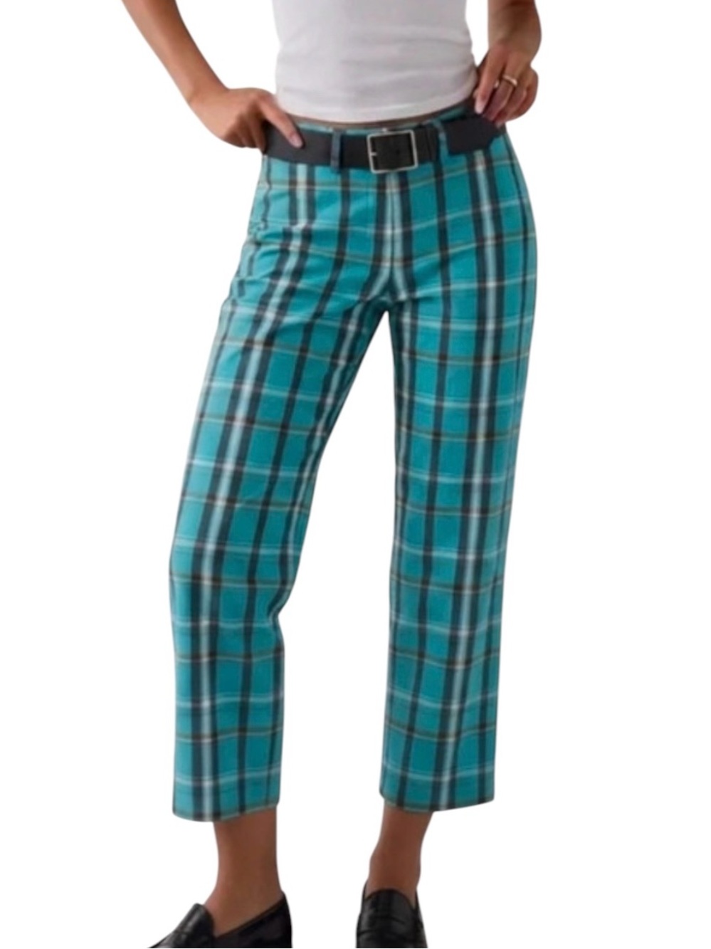 Theory Plaid Cropped Pants Womens 2 Turquoise black Lightweight Modern
